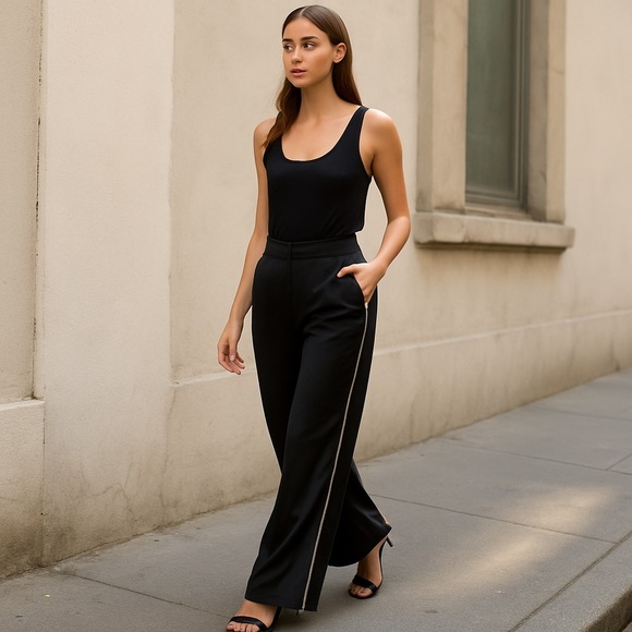 NWT Rachel Zoe Black Satin Wide-Leg Pants with Rhinestone Trim 12 - Picture 1 of 15
